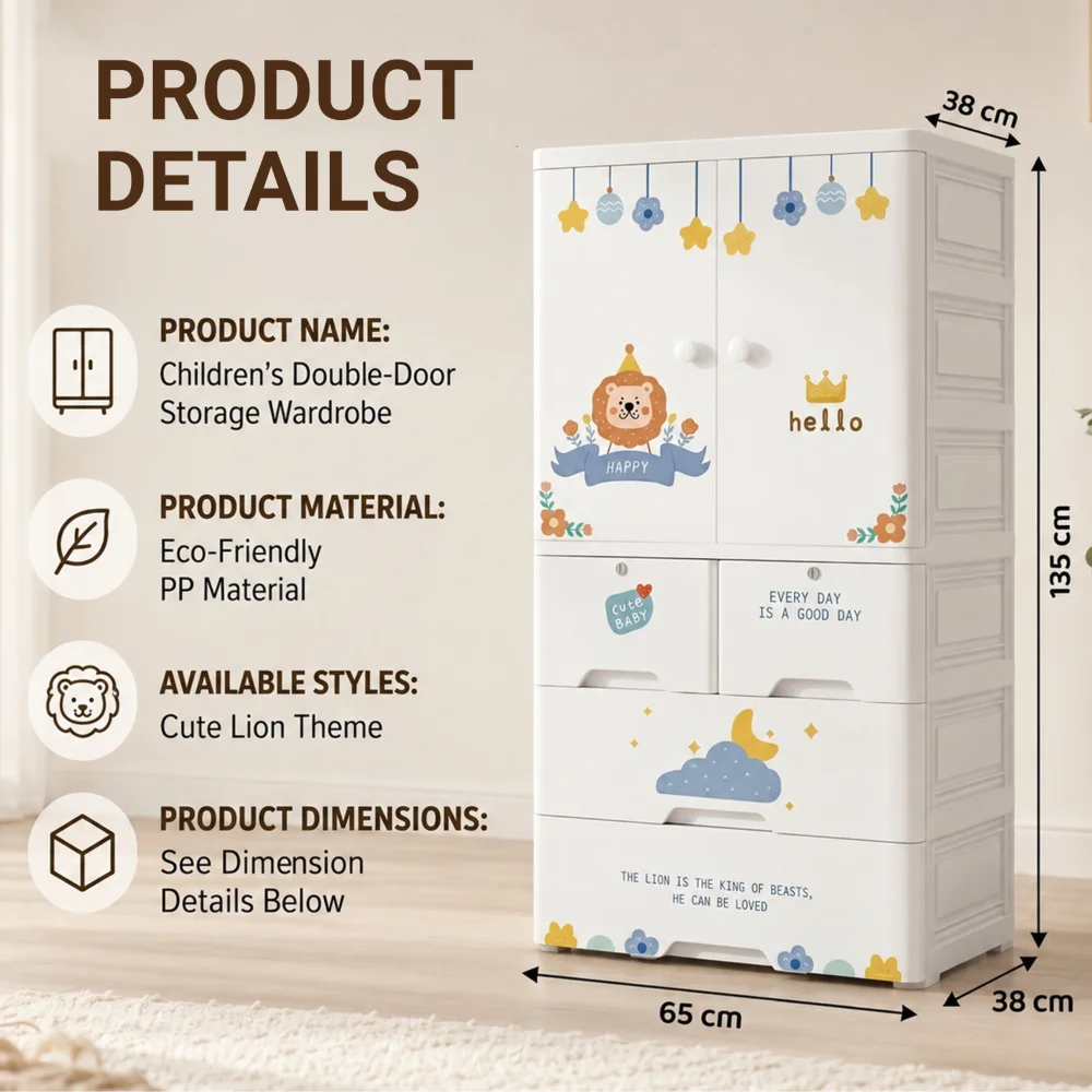 Kids wooden wardrobe with shelves and hanging space for organizing children's clothes, toys, and accessories