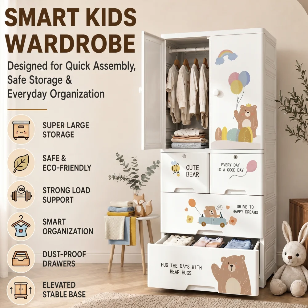 Kids wooden wardrobe with shelves and hanging space for organizing children's clothes, toys, and accessories