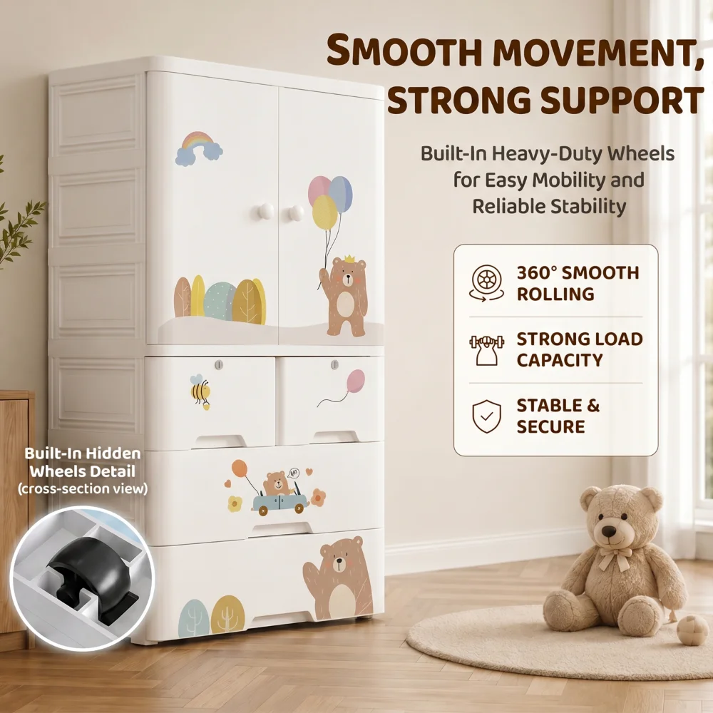Kids wooden wardrobe with shelves and hanging space for organizing children's clothes, toys, and accessories