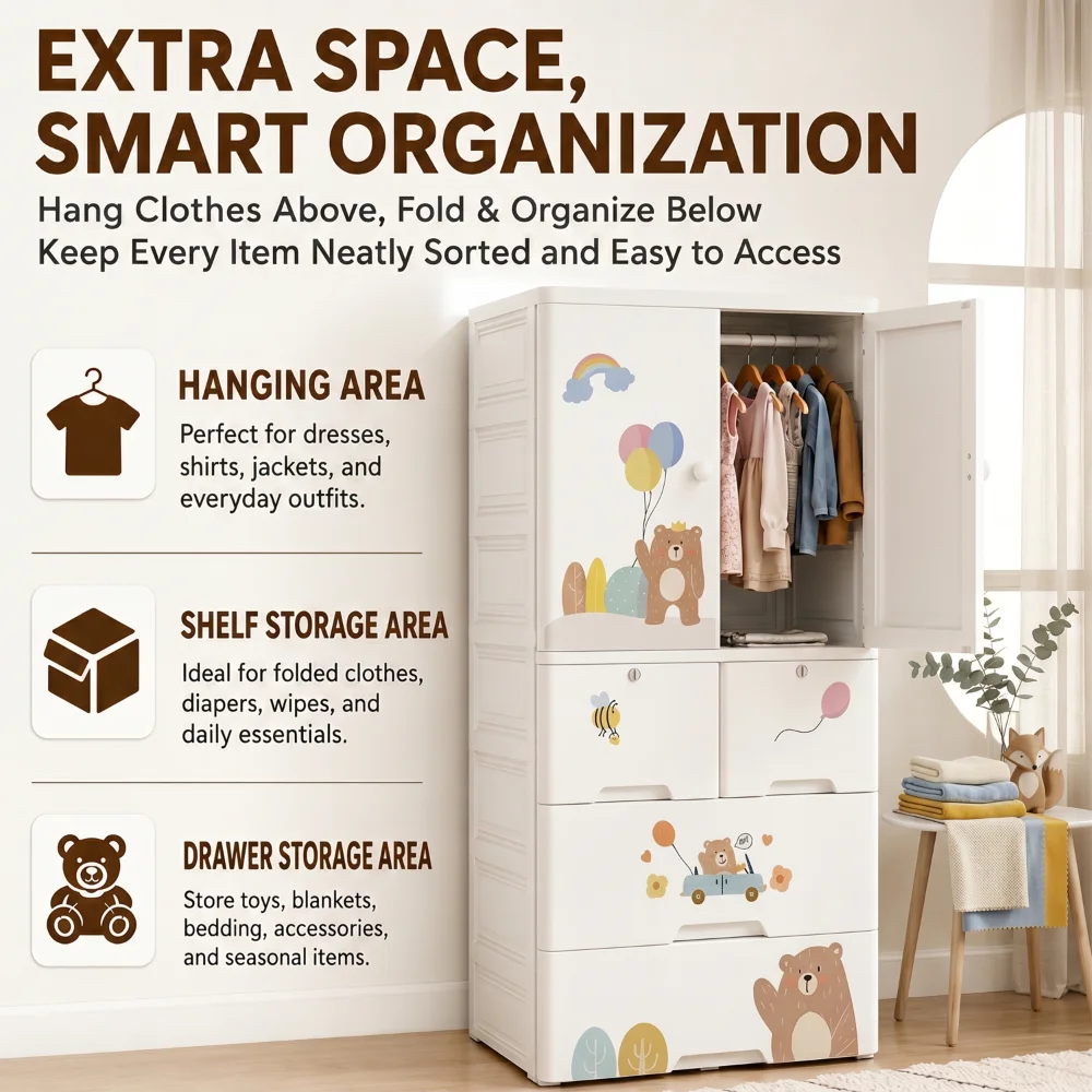 Kids wooden wardrobe with shelves and hanging space for organizing children's clothes, toys, and accessories