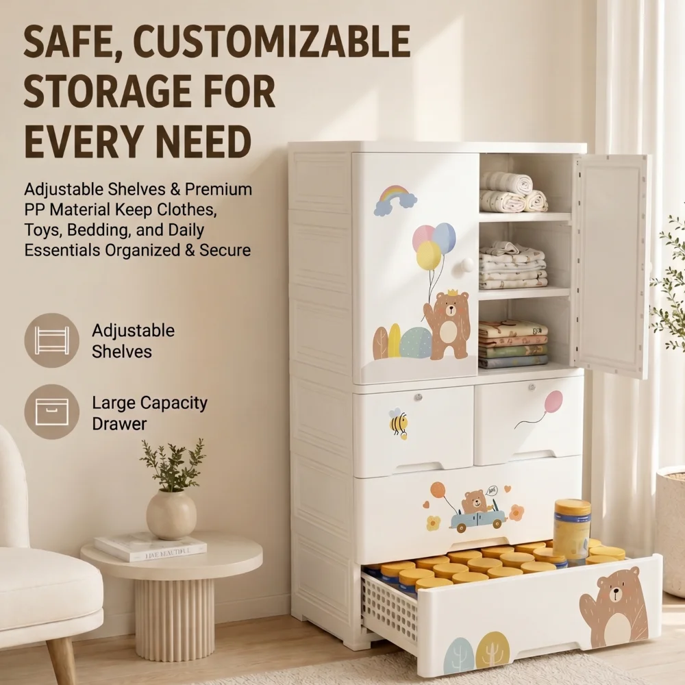 Kids wooden wardrobe with shelves and hanging space for organizing children's clothes, toys, and accessories
