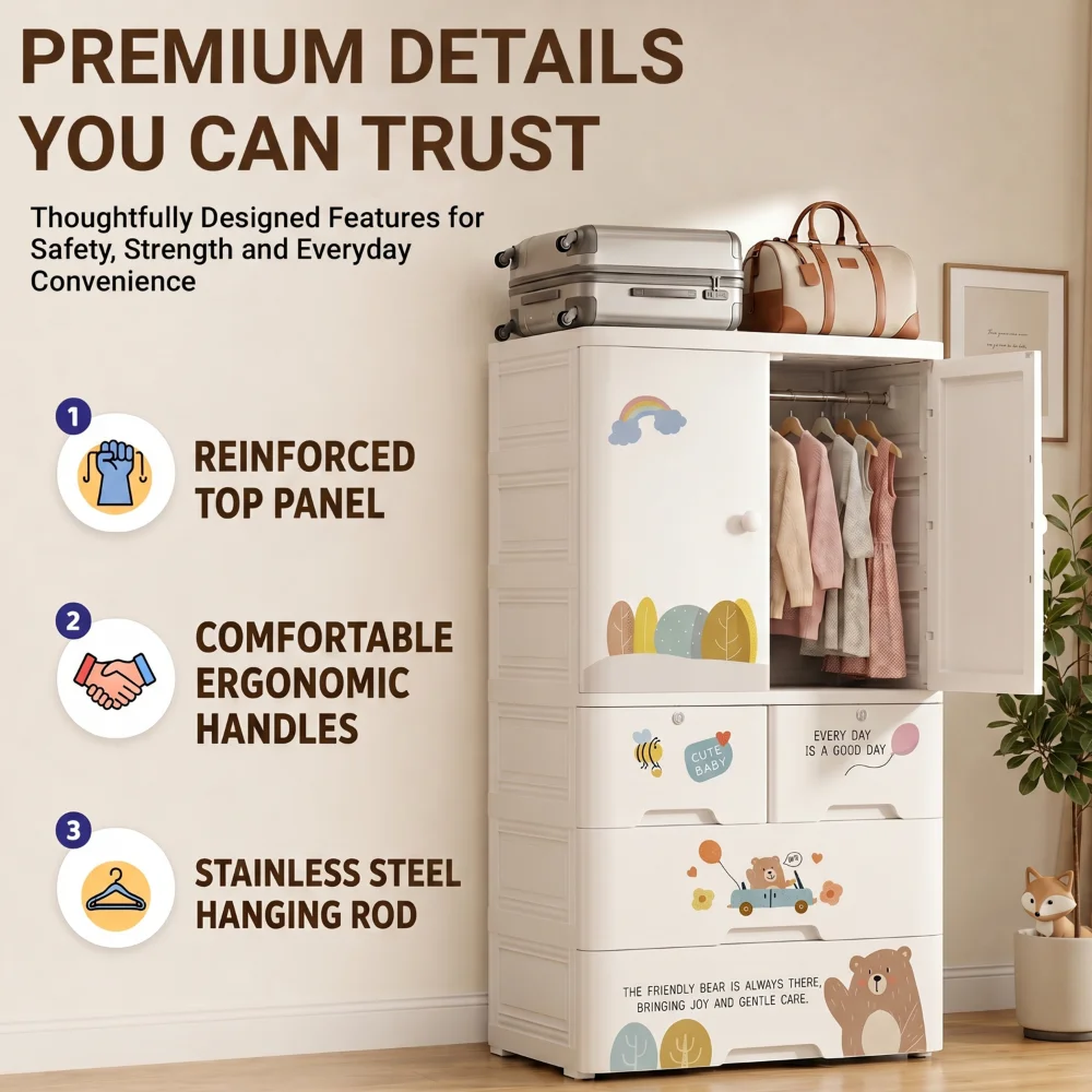 Kids wooden wardrobe with shelves and hanging space for organizing children's clothes, toys, and accessories