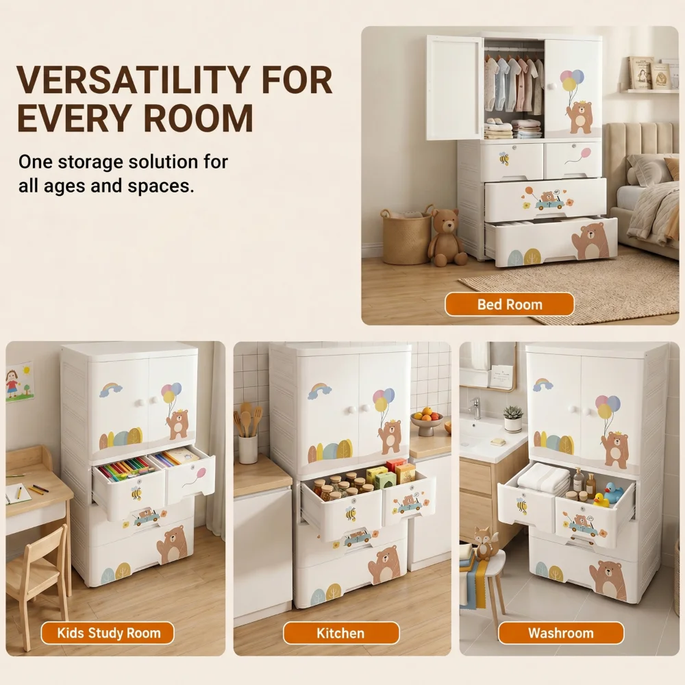 Kids wooden wardrobe with shelves and hanging space for organizing children's clothes, toys, and accessories
