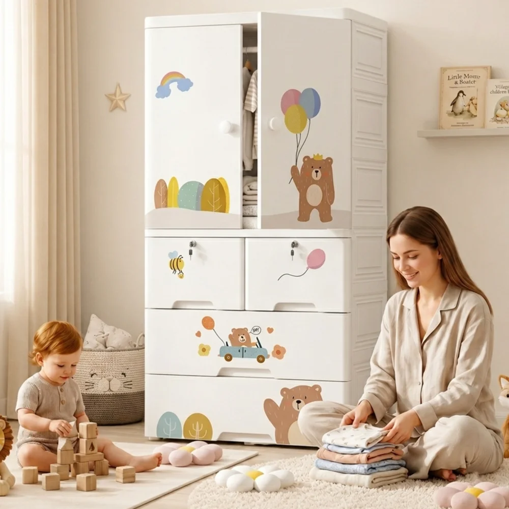 Kids wooden wardrobe with shelves and hanging space for organizing children's clothes, toys, and accessories