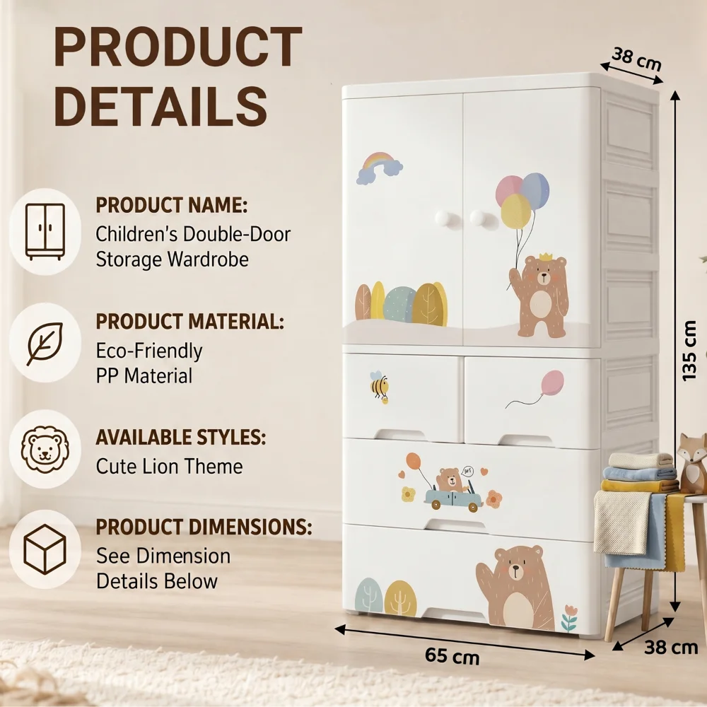 Kids wooden wardrobe with shelves and hanging space for organizing children's clothes, toys, and accessories
