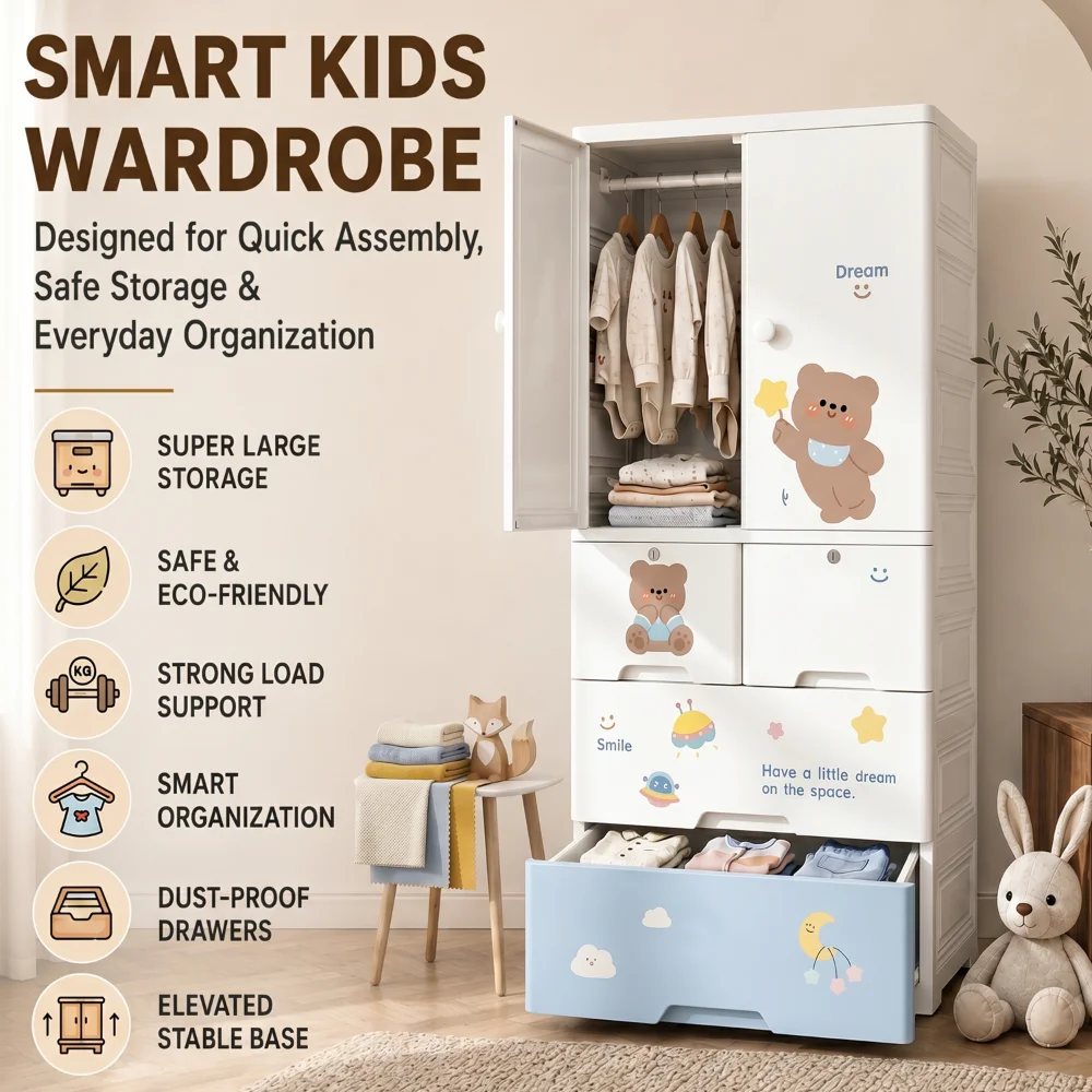 Kids wooden wardrobe with shelves and hanging space for organizing children's clothes, toys, and accessories