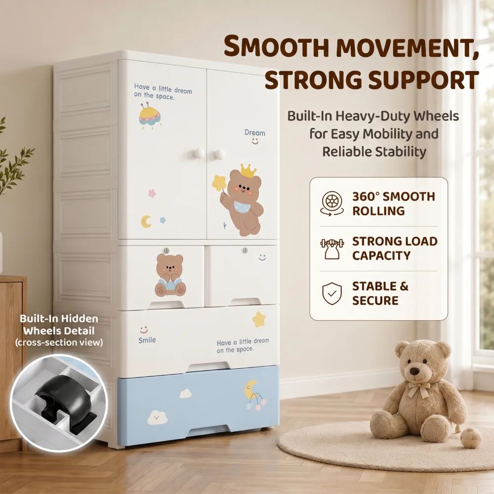 Kids wooden wardrobe with shelves and hanging space for organizing children's clothes, toys, and accessories