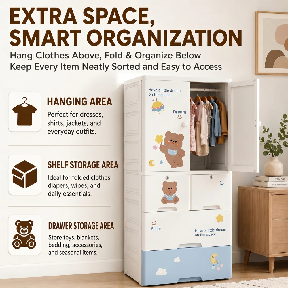 Kids wooden wardrobe with shelves and hanging space for organizing children's clothes, toys, and accessories