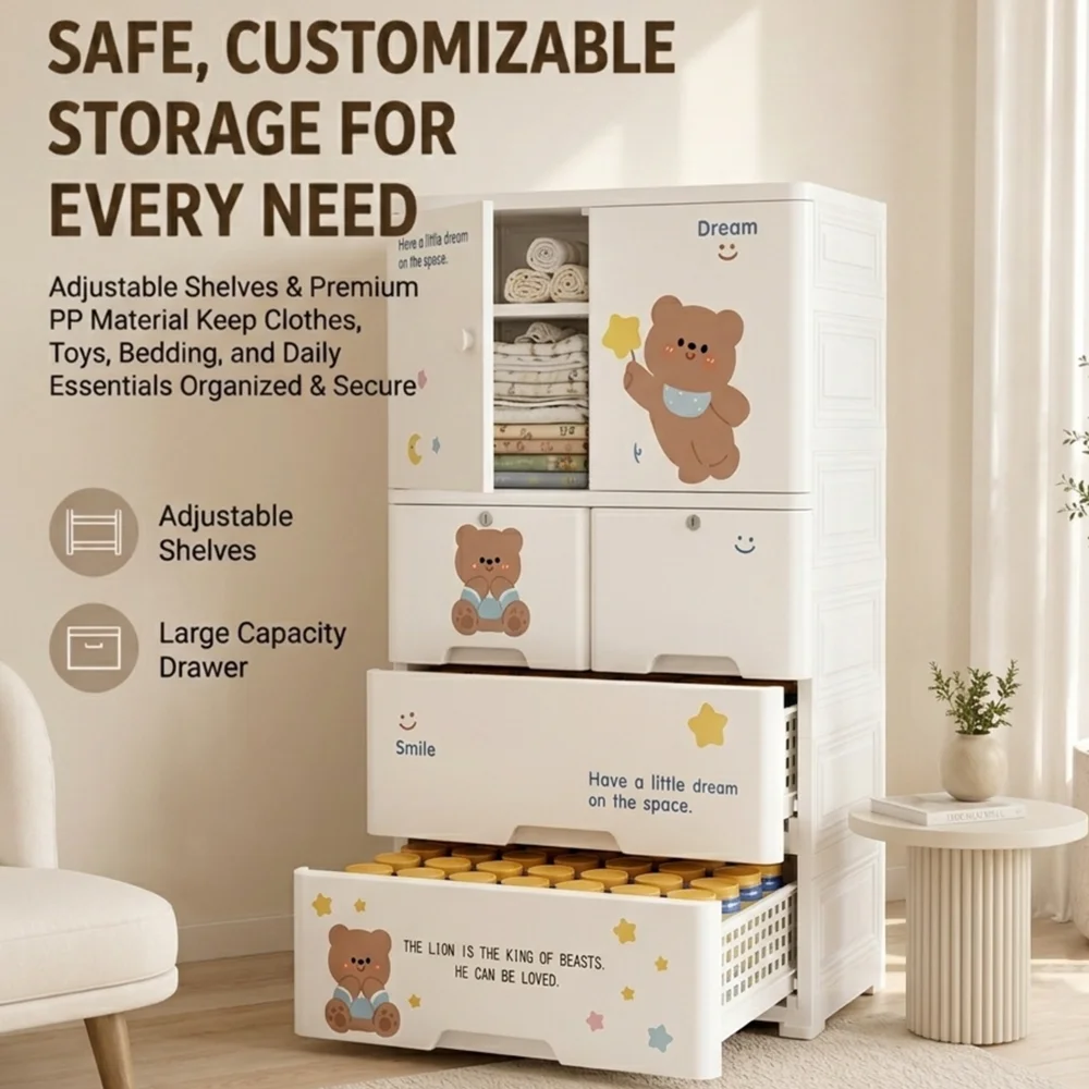 Kids wooden wardrobe with shelves and hanging space for organizing children's clothes, toys, and accessories