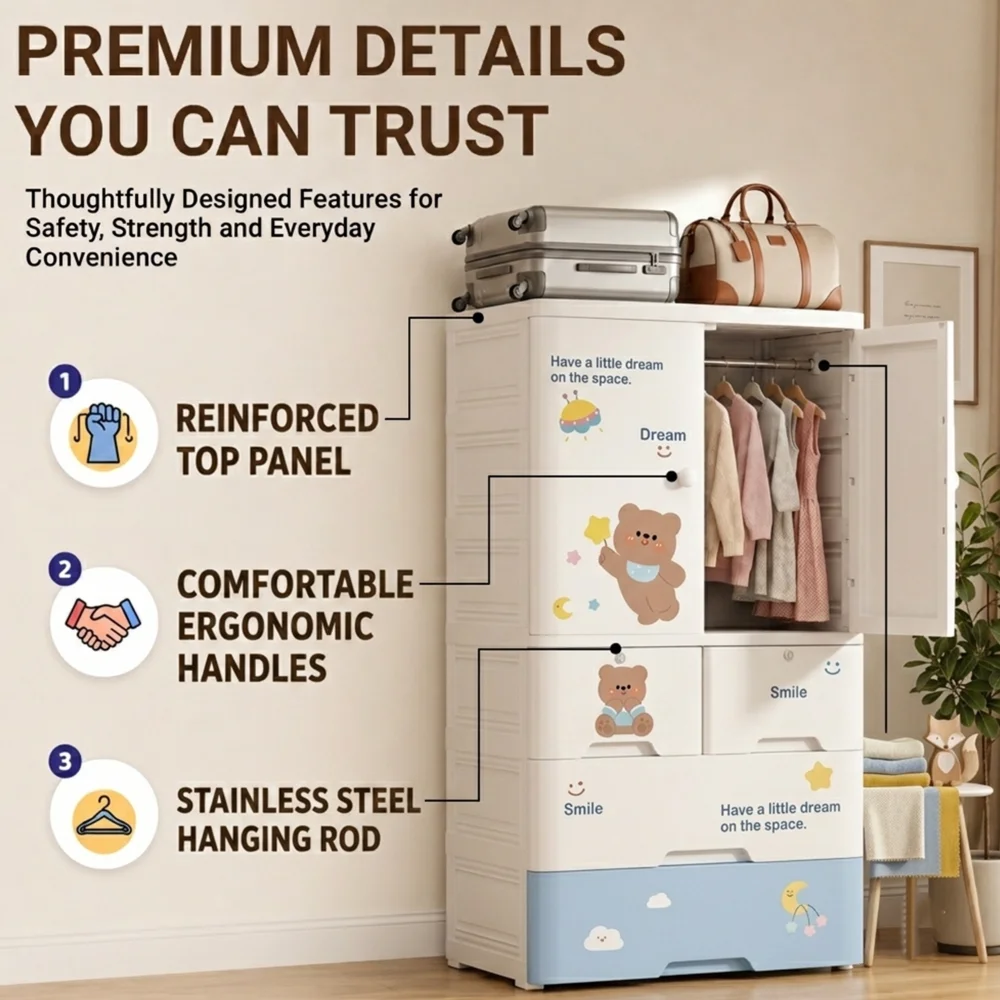 Kids wooden wardrobe with shelves and hanging space for organizing children's clothes, toys, and accessories