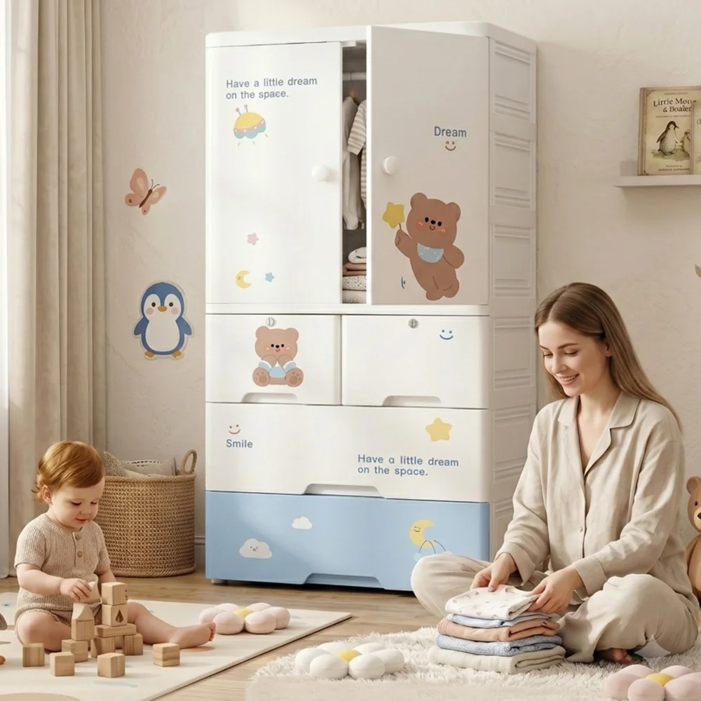 Kids wooden wardrobe with shelves and hanging space for organizing children's clothes, toys, and accessories