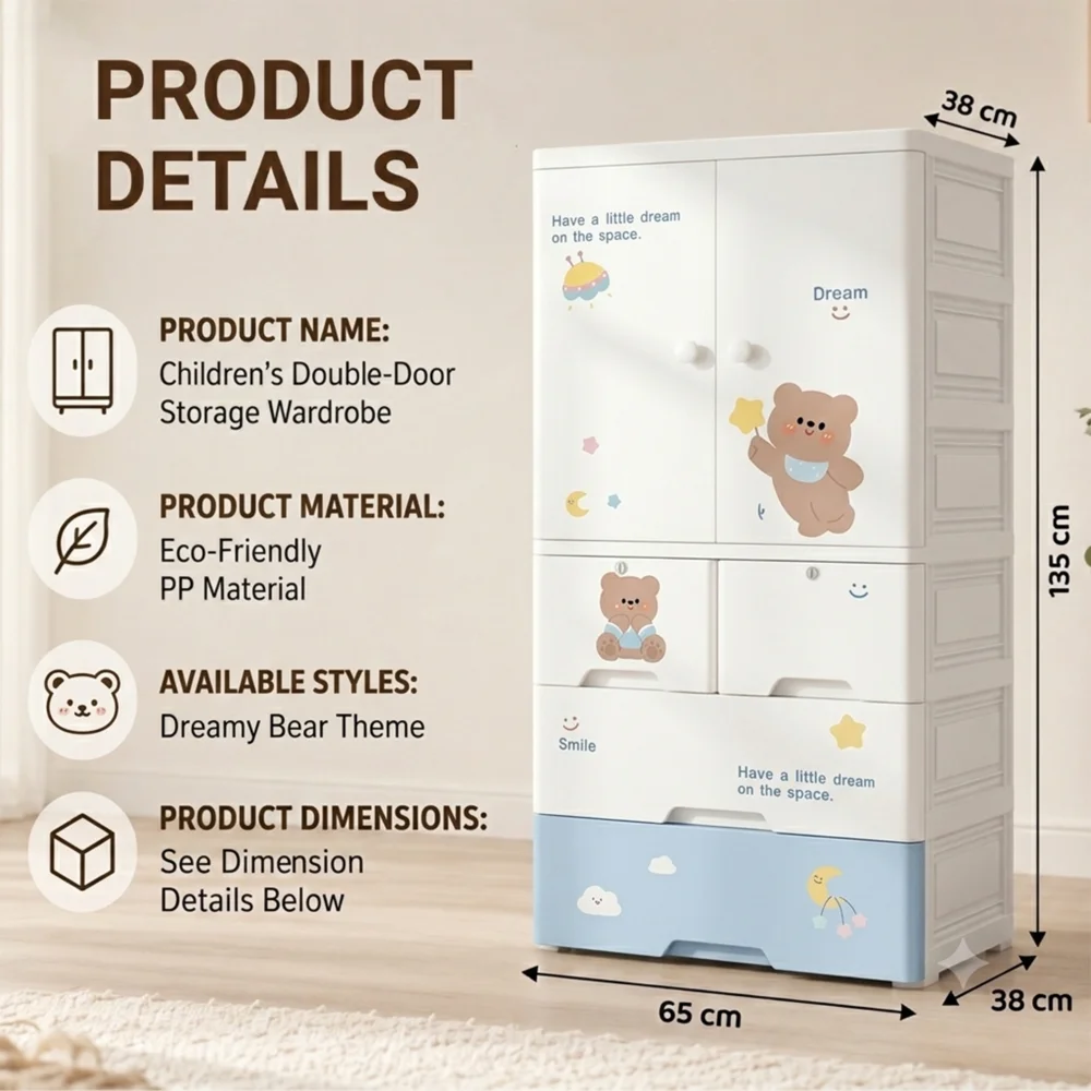 Kids wooden wardrobe with shelves and hanging space for organizing children's clothes, toys, and accessories