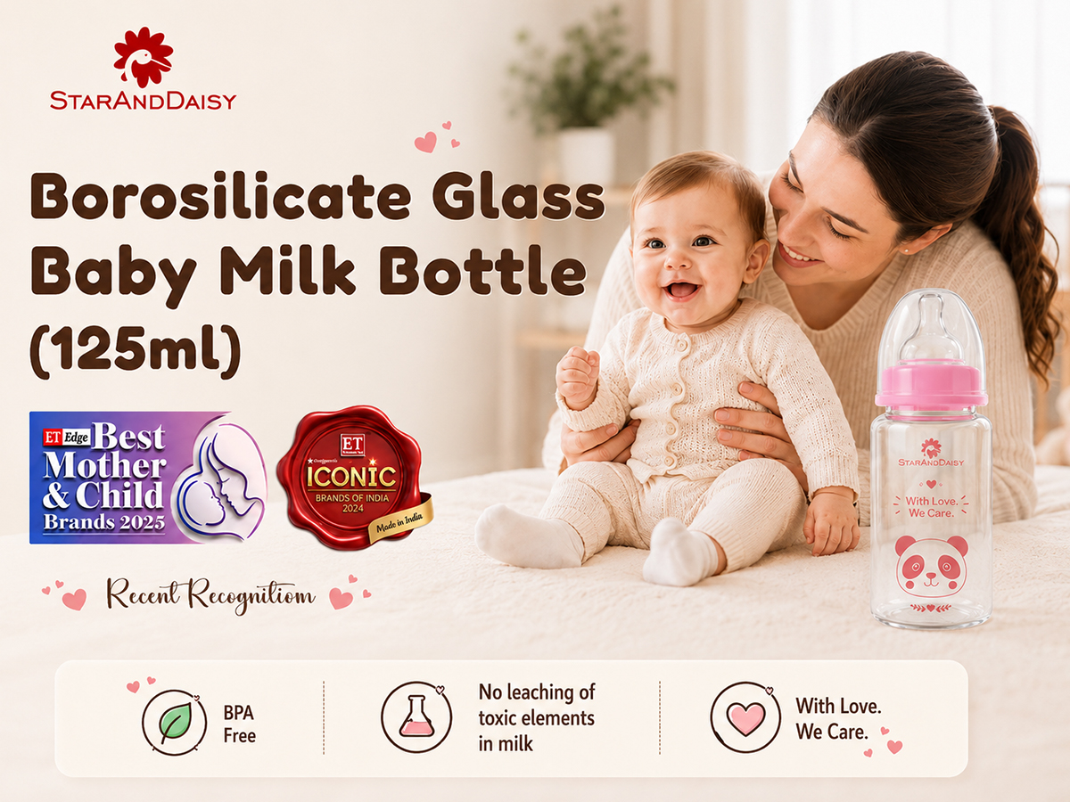 StarAndDaisy Glass Baby Feeding Bottle with Wide Neck, Easy Clean and Sterilizer Safe Design
