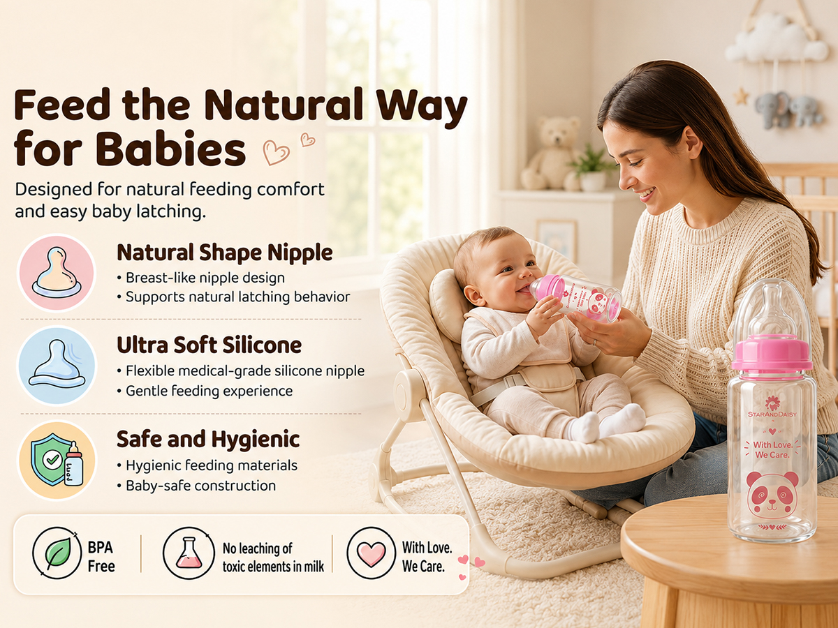 StarAndDaisy Glass Baby Feeding Bottle with Wide Neck, Easy Clean and Sterilizer Safe Design
