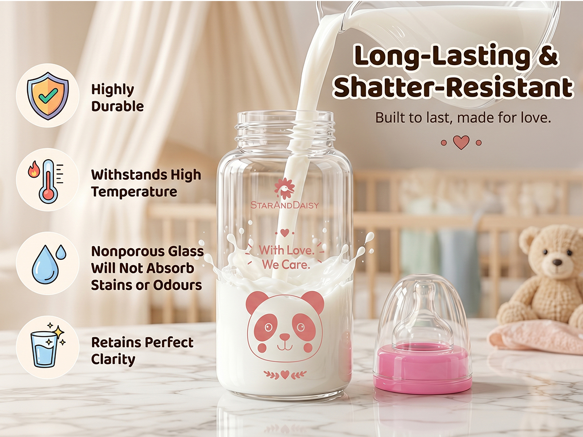 StarAndDaisy Glass Baby Feeding Bottle with Wide Neck, Easy Clean and Sterilizer Safe Design