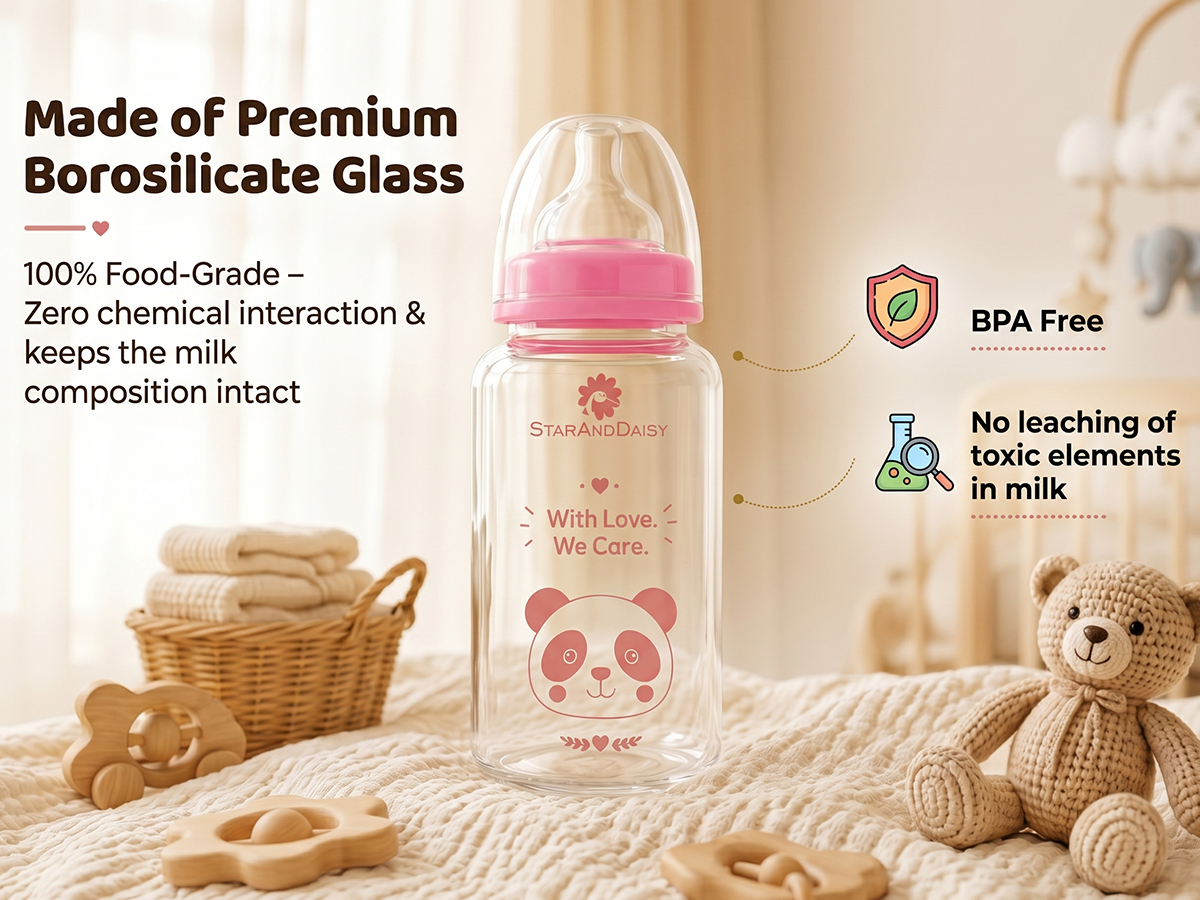 StarAndDaisy Glass Baby Feeding Bottle with Wide Neck, Easy Clean and Sterilizer Safe Design