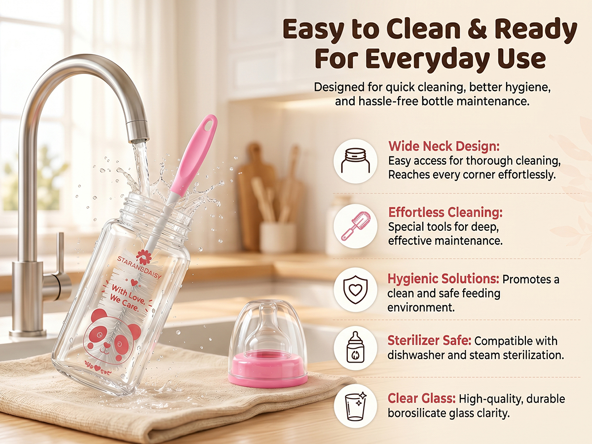 StarAndDaisy Glass Baby Feeding Bottle with Wide Neck, Easy Clean and Sterilizer Safe Design