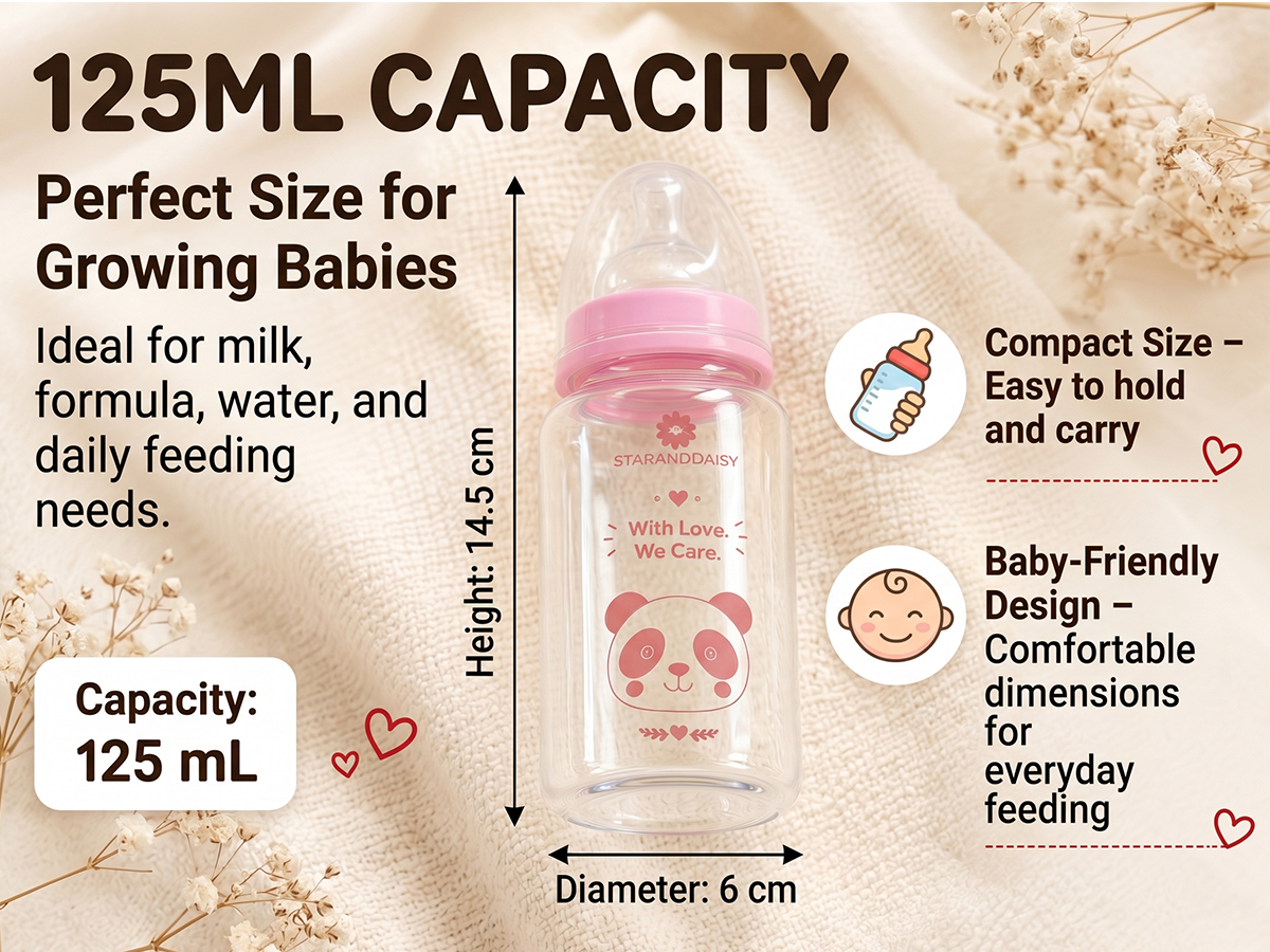 StarAndDaisy Glass Baby Feeding Bottle with Wide Neck, Easy Clean and Sterilizer Safe Design