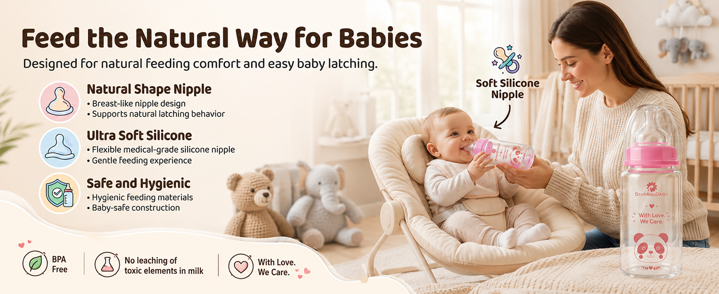 StarAndDaisy Glass Baby Feeding Bottle with Wide Neck, Easy Clean and Sterilizer Safe Design