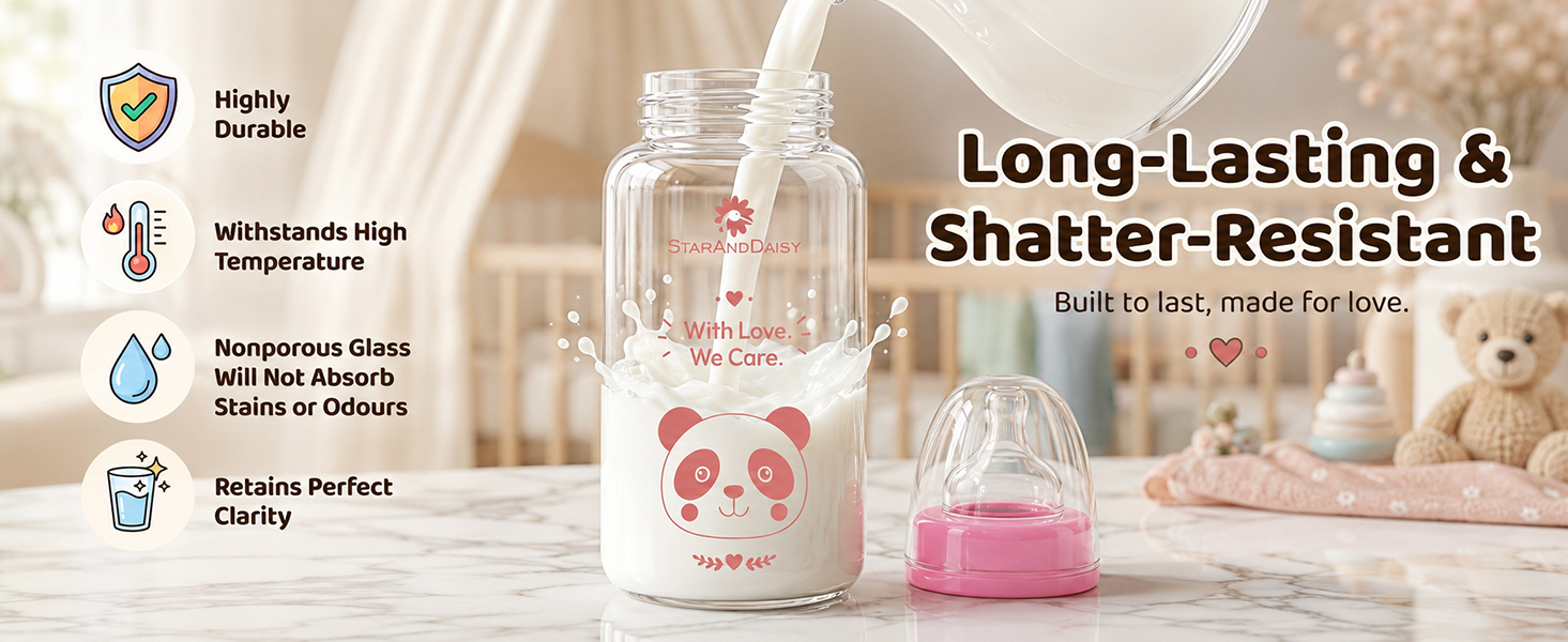 StarAndDaisy Glass Baby Feeding Bottle with Wide Neck, Easy Clean and Sterilizer Safe Design