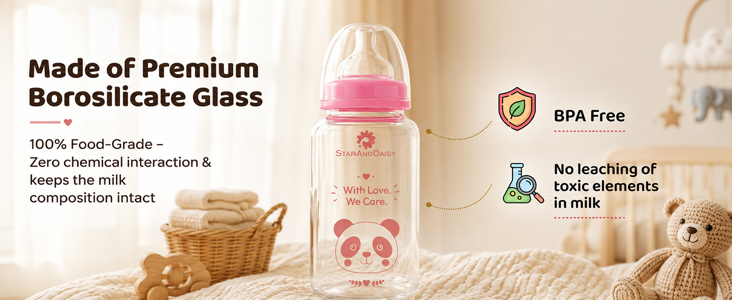StarAndDaisy Glass Baby Feeding Bottle with Wide Neck, Easy Clean and Sterilizer Safe Design