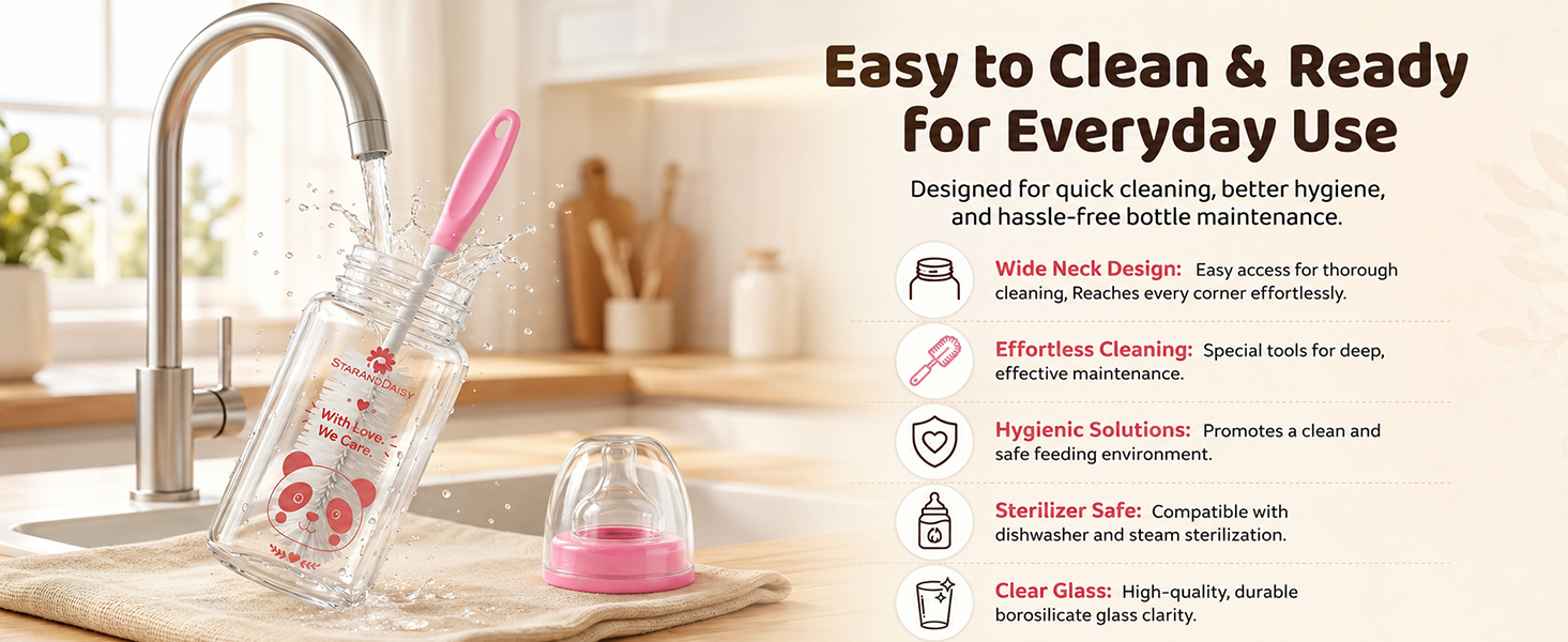 StarAndDaisy Glass Baby Feeding Bottle with Wide Neck, Easy Clean and Sterilizer Safe Design