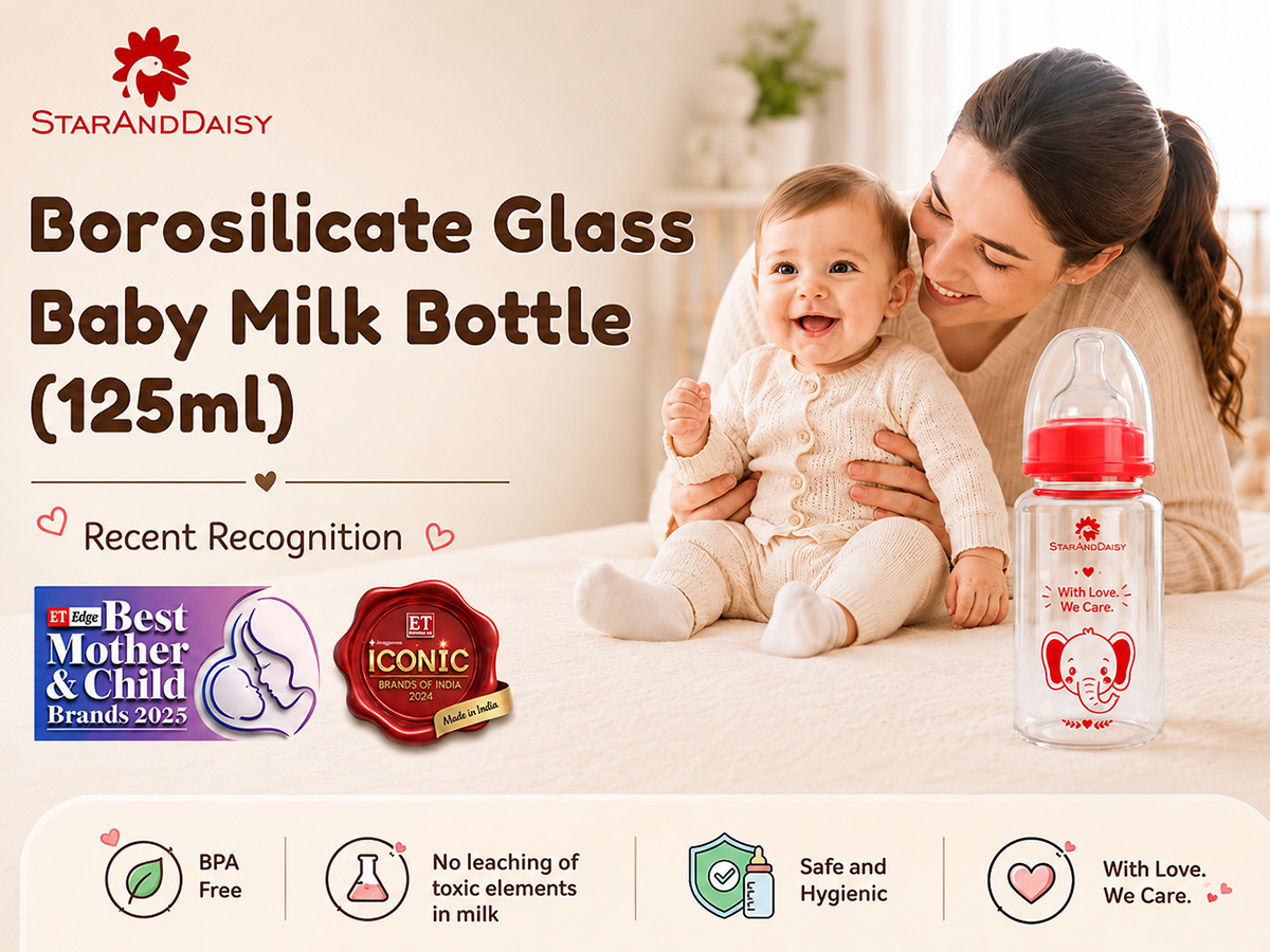 StarAndDaisy Glass Baby Feeding Bottle with Wide Neck, Easy Clean and Sterilizer Safe Design