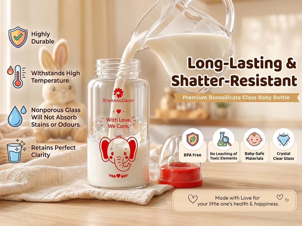 StarAndDaisy Glass Baby Feeding Bottle with Wide Neck, Easy Clean and Sterilizer Safe Design
