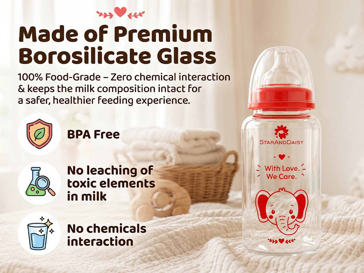 StarAndDaisy Glass Baby Feeding Bottle with Wide Neck, Easy Clean and Sterilizer Safe Design