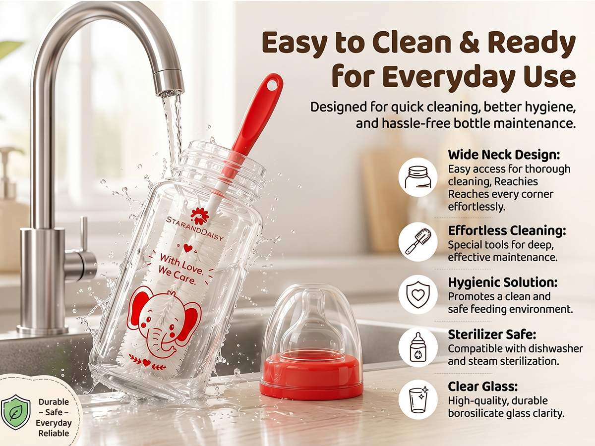 StarAndDaisy Glass Baby Feeding Bottle with Wide Neck, Easy Clean and Sterilizer Safe Design