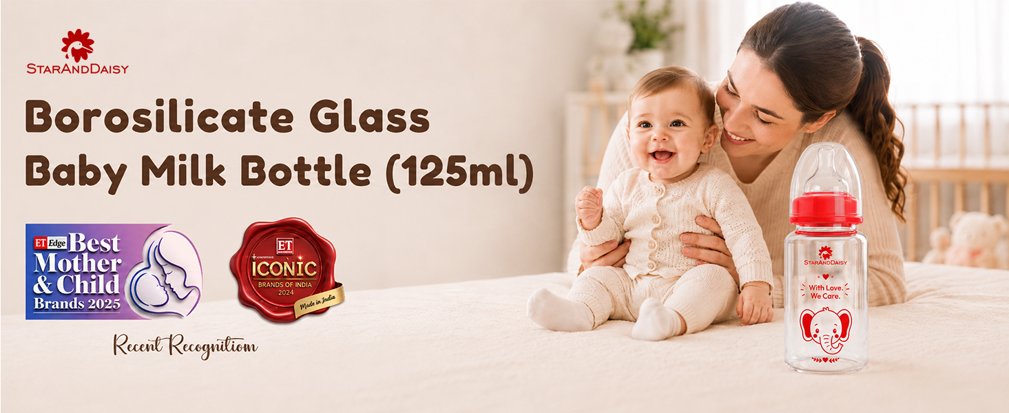 StarAndDaisy Glass Baby Feeding Bottle with Wide Neck, Easy Clean and Sterilizer Safe Design