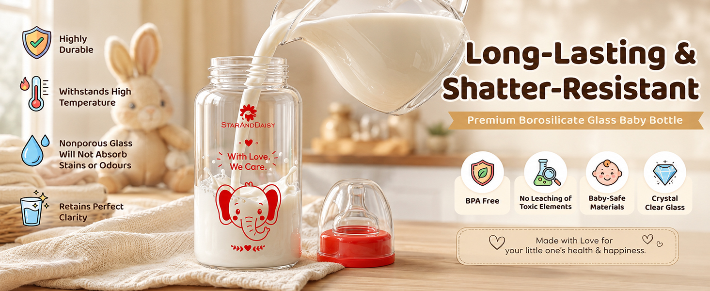 StarAndDaisy Glass Baby Feeding Bottle with Wide Neck, Easy Clean and Sterilizer Safe Design
