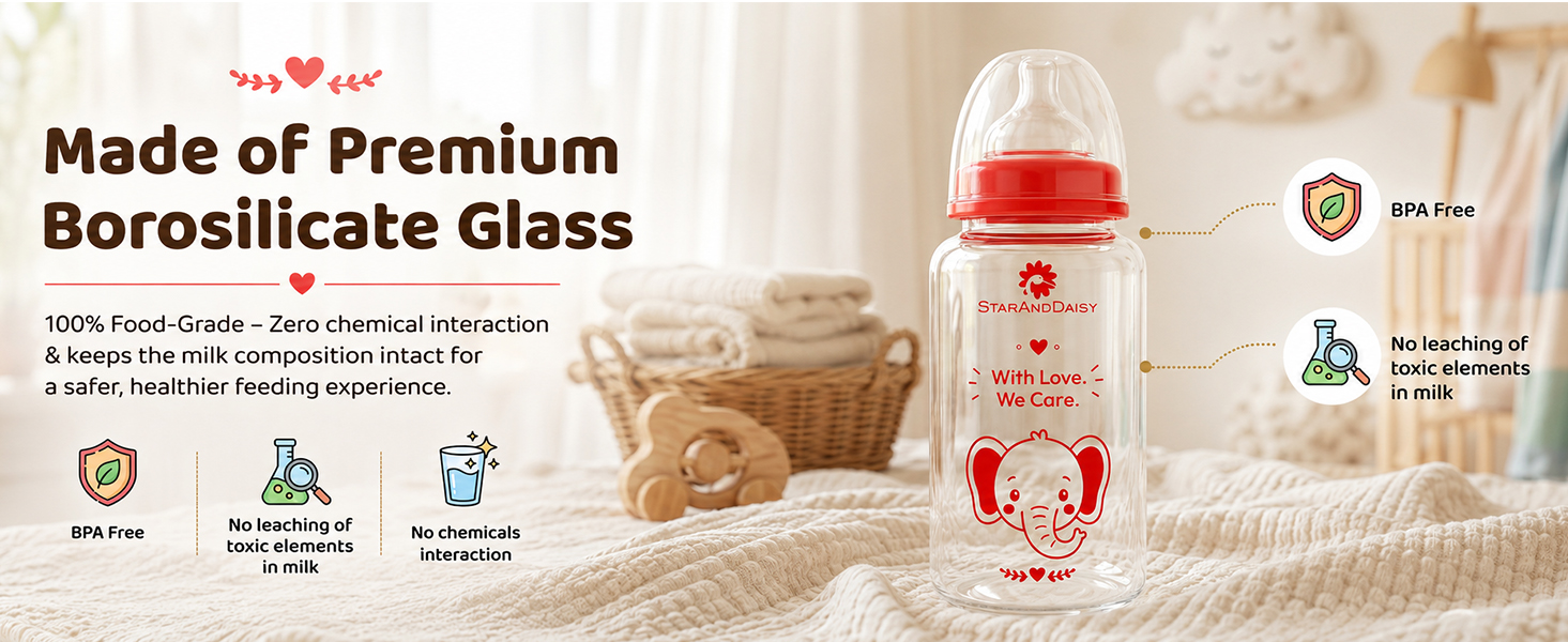 StarAndDaisy Glass Baby Feeding Bottle with Wide Neck, Easy Clean and Sterilizer Safe Design