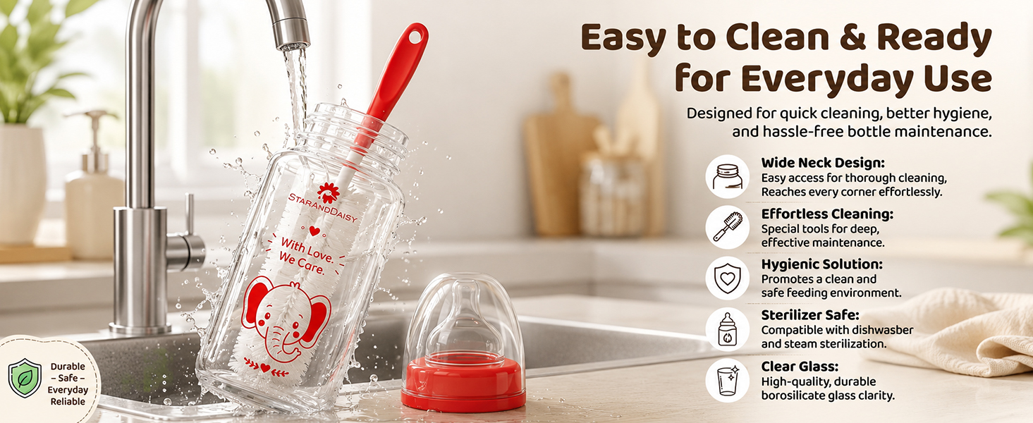 StarAndDaisy Glass Baby Feeding Bottle with Wide Neck, Easy Clean and Sterilizer Safe Design