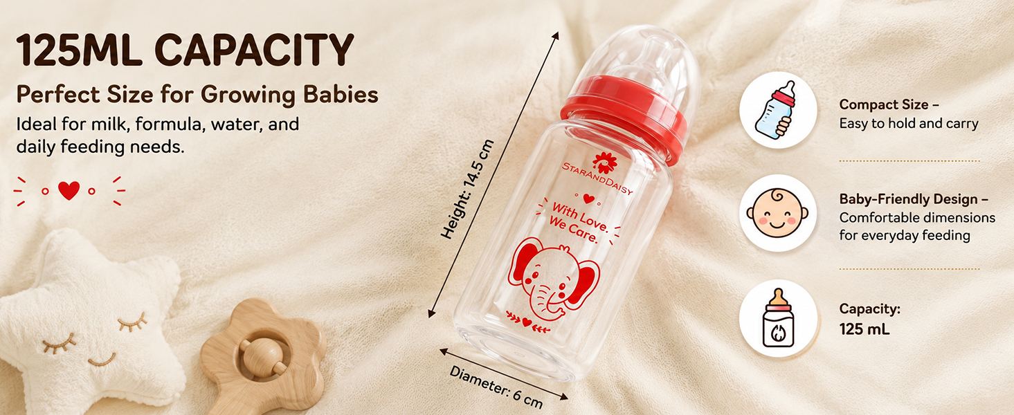 StarAndDaisy Glass Baby Feeding Bottle with Wide Neck, Easy Clean and Sterilizer Safe Design