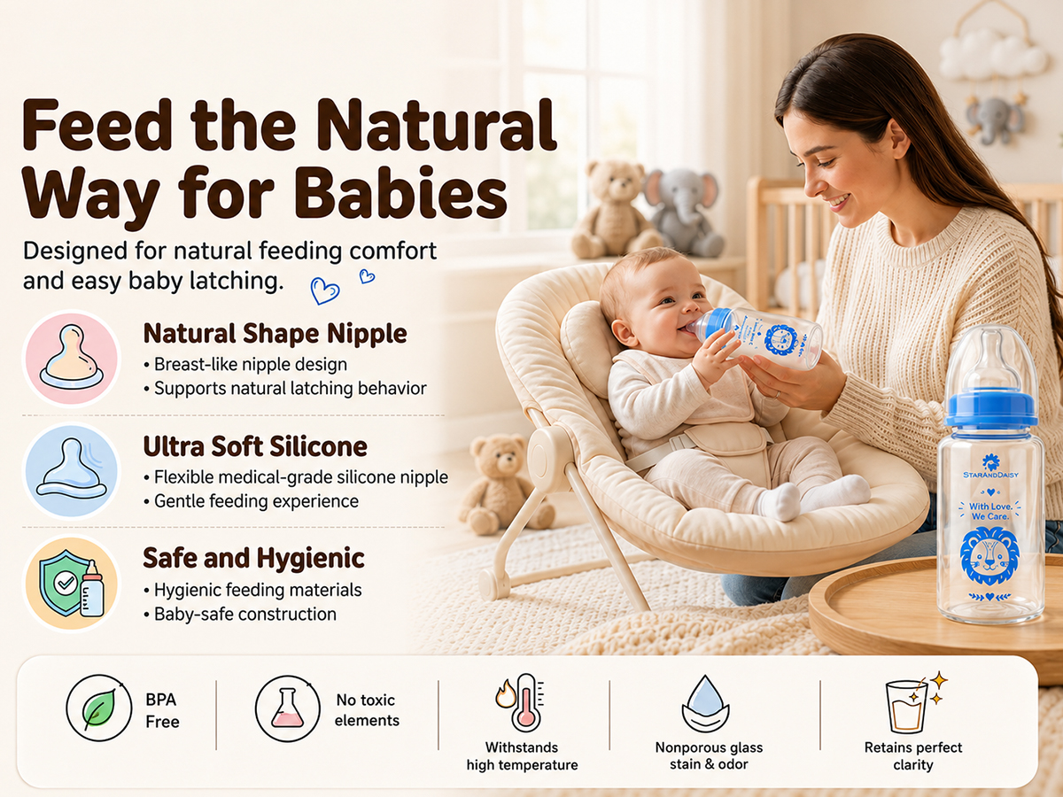 StarAndDaisy Glass Baby Feeding Bottle with Wide Neck, Easy Clean and Sterilizer Safe Design