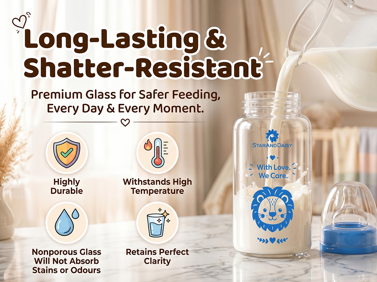 StarAndDaisy Glass Baby Feeding Bottle with Wide Neck, Easy Clean and Sterilizer Safe Design