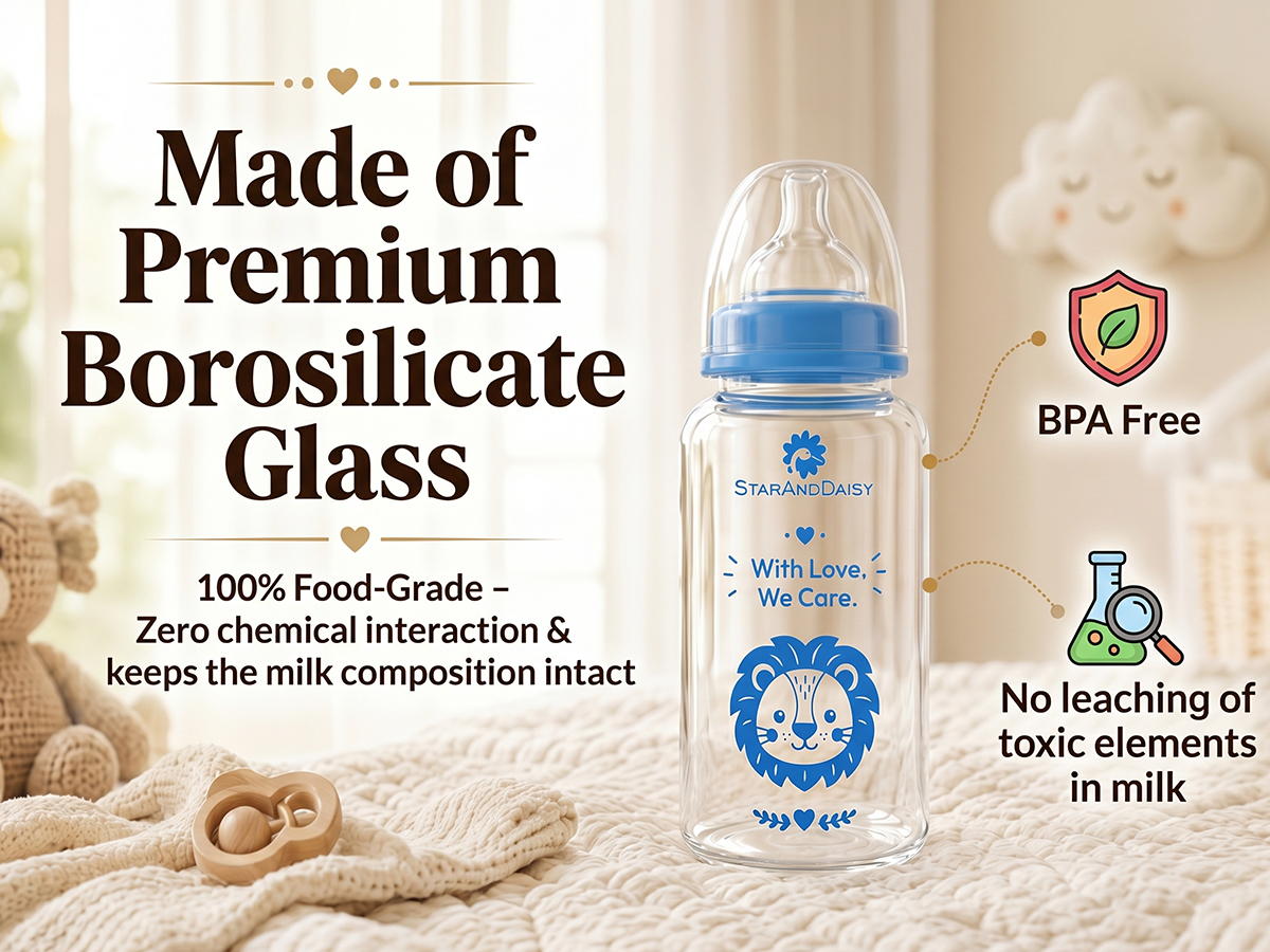 StarAndDaisy Glass Baby Feeding Bottle with Wide Neck, Easy Clean and Sterilizer Safe Design
