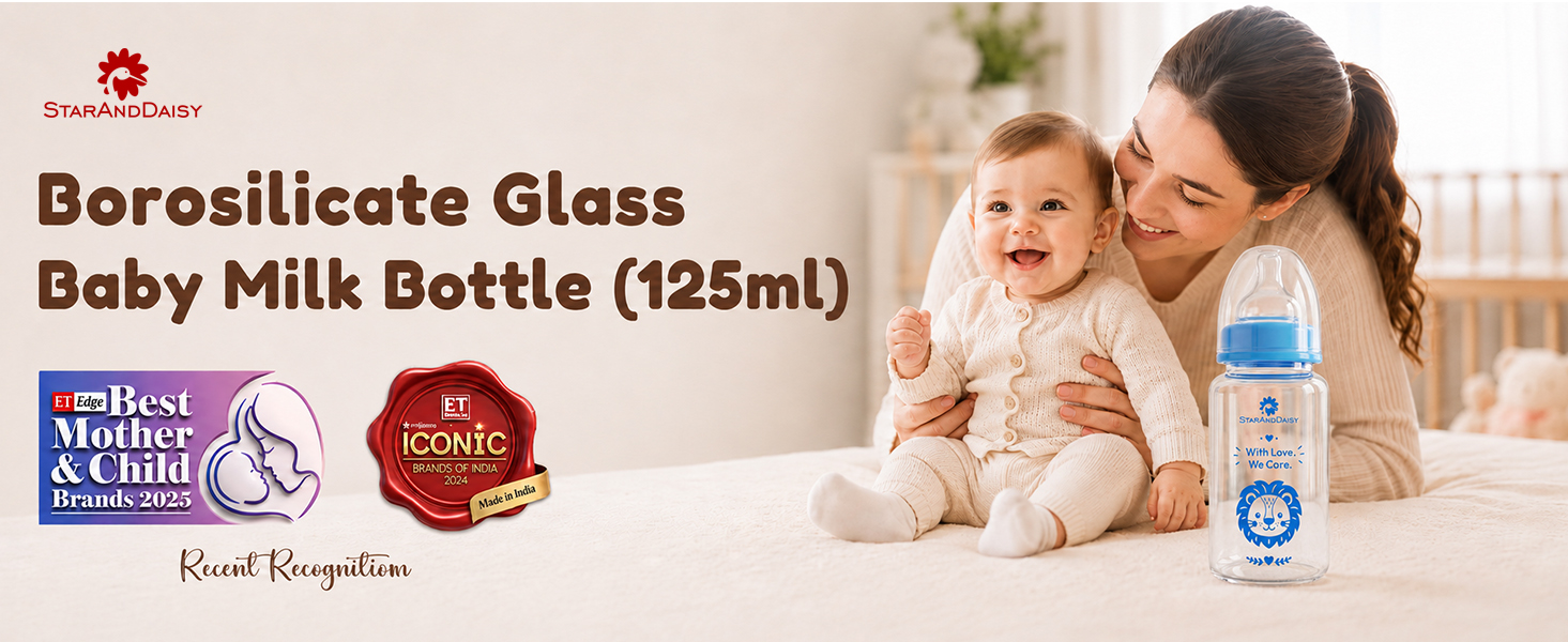 StarAndDaisy Glass Baby Feeding Bottle with Wide Neck, Easy Clean and Sterilizer Safe Design