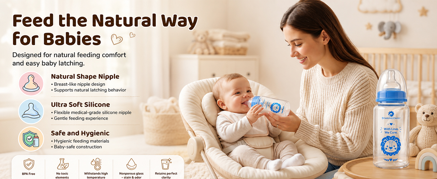 StarAndDaisy Glass Baby Feeding Bottle with Wide Neck, Easy Clean and Sterilizer Safe Design