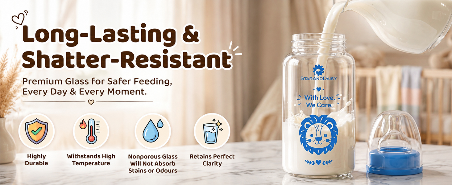 StarAndDaisy Glass Baby Feeding Bottle with Wide Neck, Easy Clean and Sterilizer Safe Design