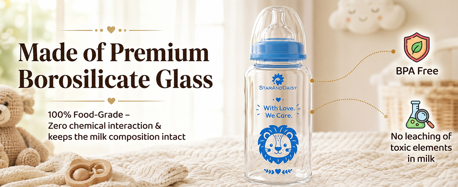 StarAndDaisy Glass Baby Feeding Bottle with Wide Neck, Easy Clean and Sterilizer Safe Design