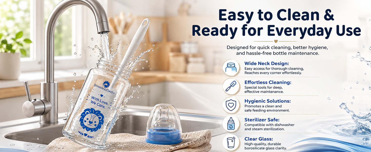 StarAndDaisy Glass Baby Feeding Bottle with Wide Neck, Easy Clean and Sterilizer Safe Design