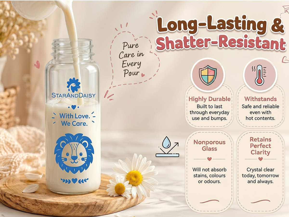StarAndDaisy Glass Baby Feeding Bottle with Wide Neck, Easy Clean and Sterilizer Safe Design