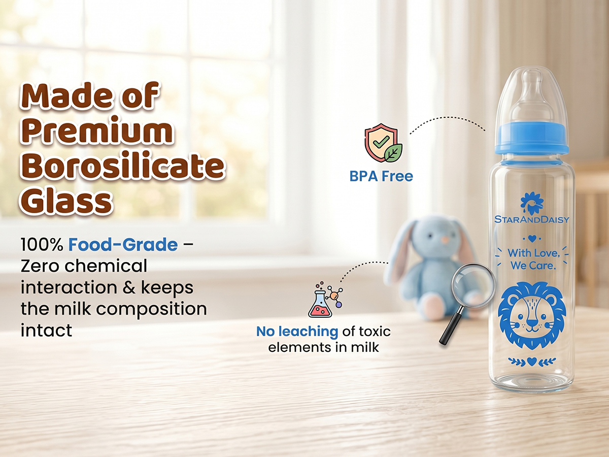 StarAndDaisy Glass Baby Feeding Bottle with Wide Neck, Easy Clean and Sterilizer Safe Design