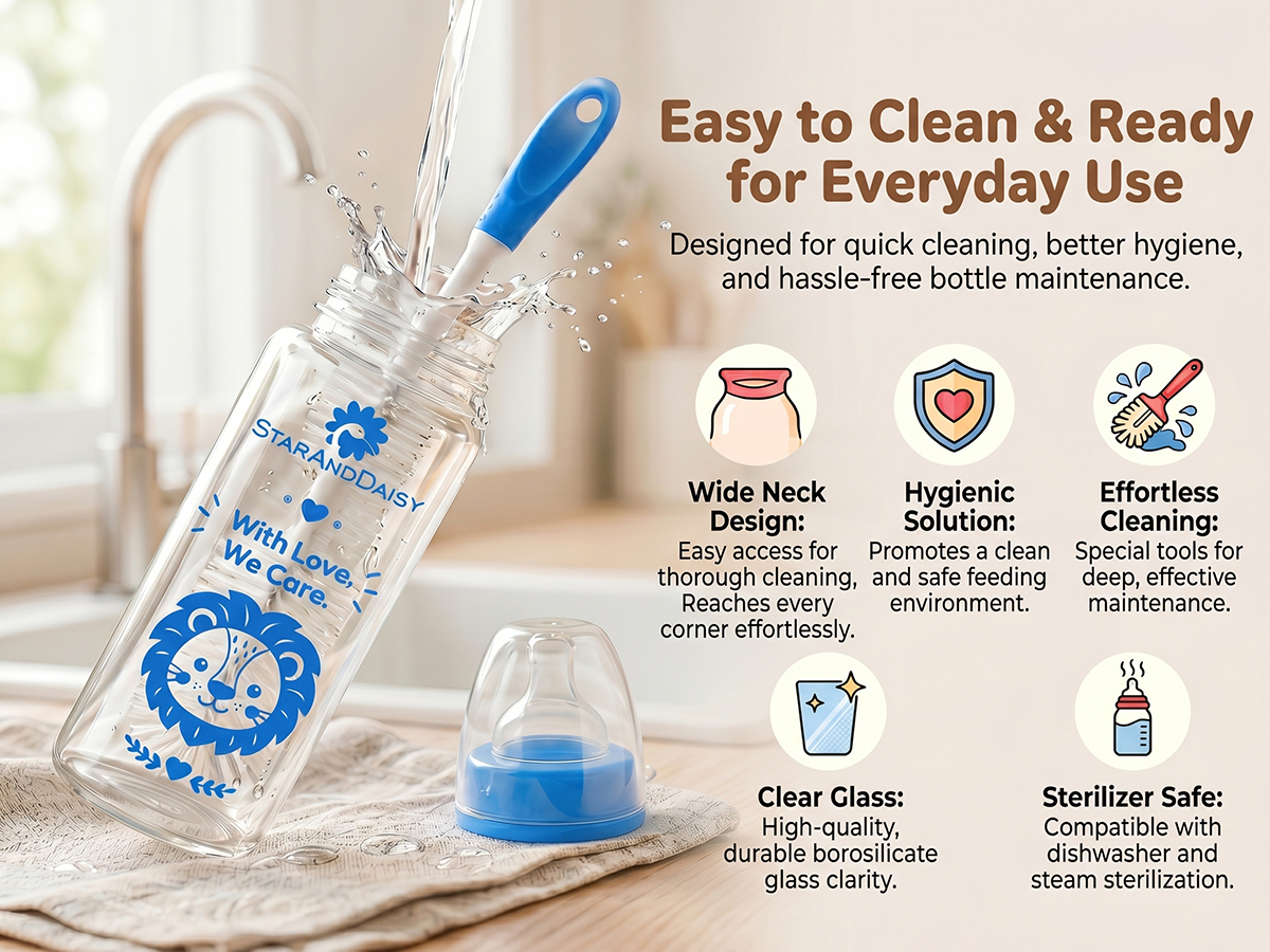StarAndDaisy Glass Baby Feeding Bottle with Wide Neck, Easy Clean and Sterilizer Safe Design