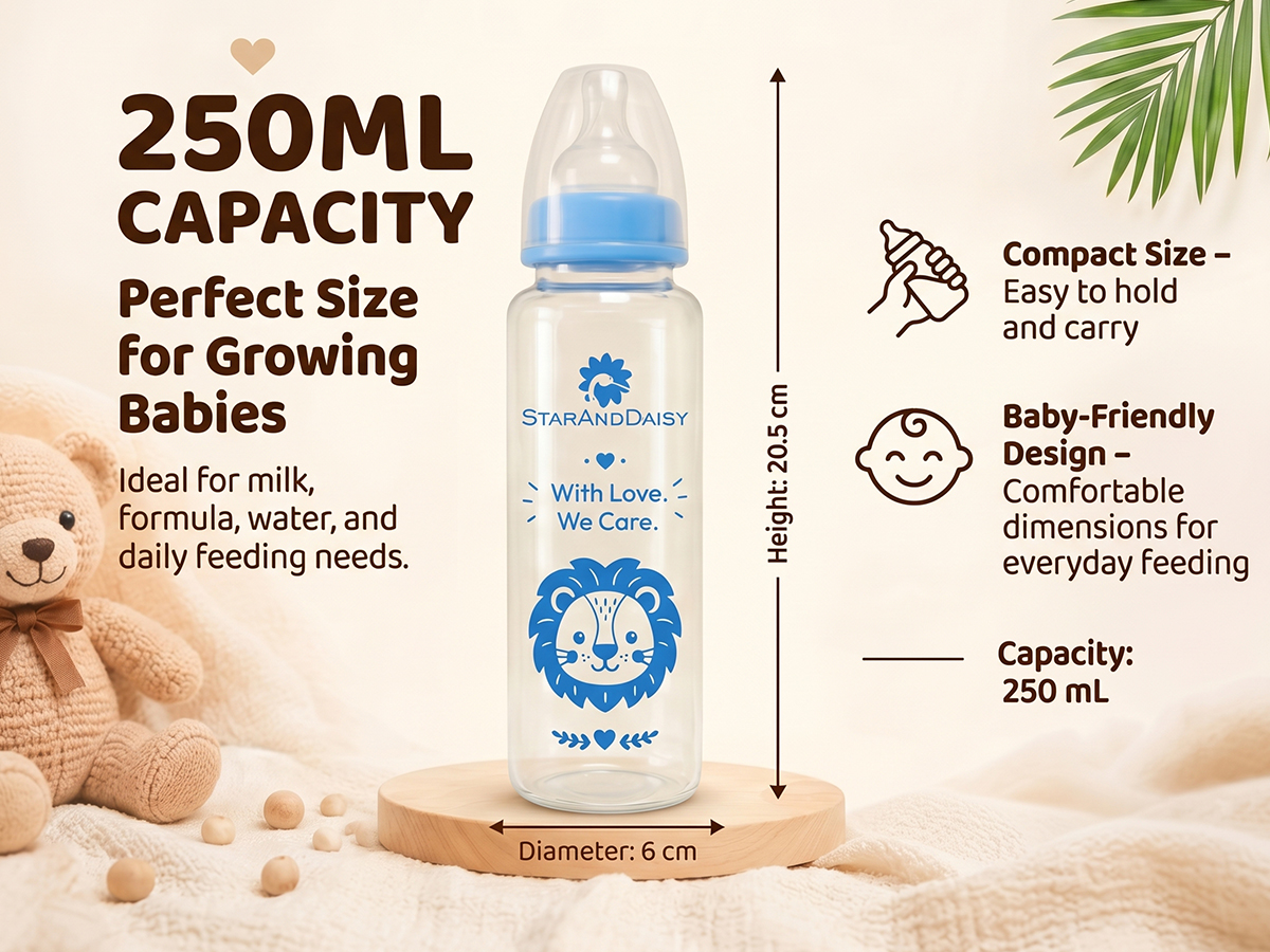 StarAndDaisy Glass Baby Feeding Bottle with Wide Neck, Easy Clean and Sterilizer Safe Design