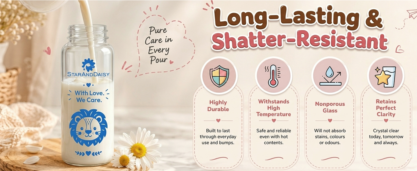 StarAndDaisy Glass Baby Feeding Bottle with Wide Neck, Easy Clean and Sterilizer Safe Design