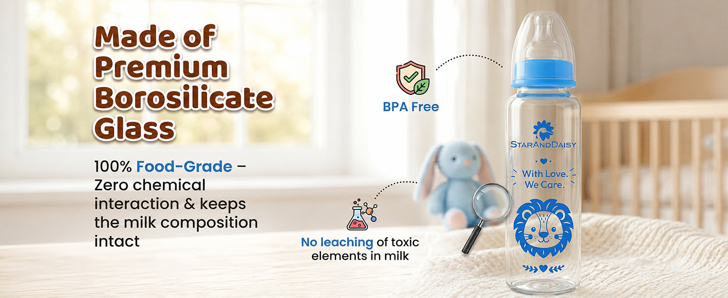 StarAndDaisy Glass Baby Feeding Bottle with Wide Neck, Easy Clean and Sterilizer Safe Design
