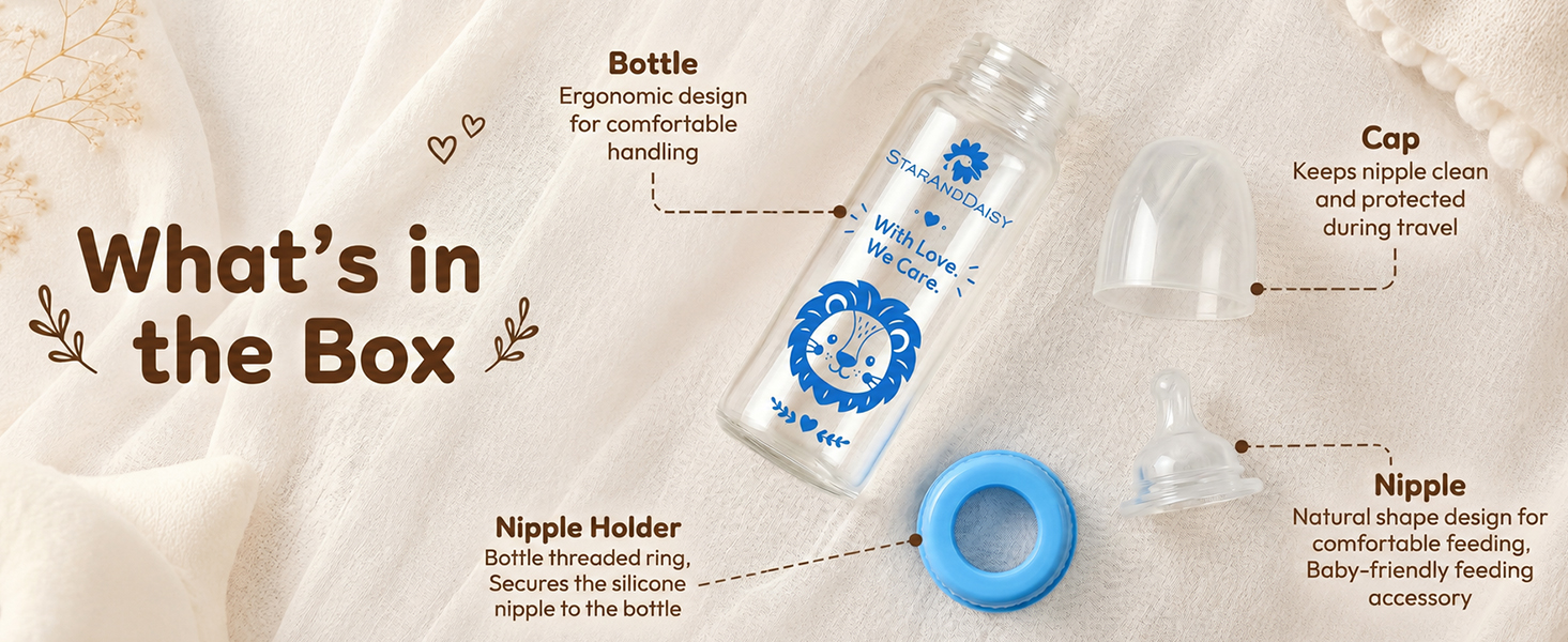 StarAndDaisy Glass Baby Feeding Bottle with Wide Neck, Easy Clean and Sterilizer Safe Design